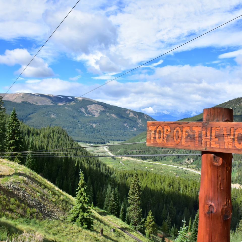 Top of the World sign below Colorado zipline