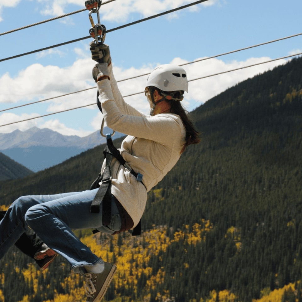 person riding a zipline in Colorado above trees with fall colors